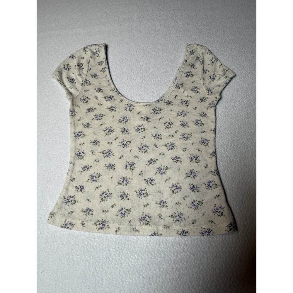 H&M Floral Ribbed Scoop Neck Top Cream Short Sleeve XS - Picture 1 of 3